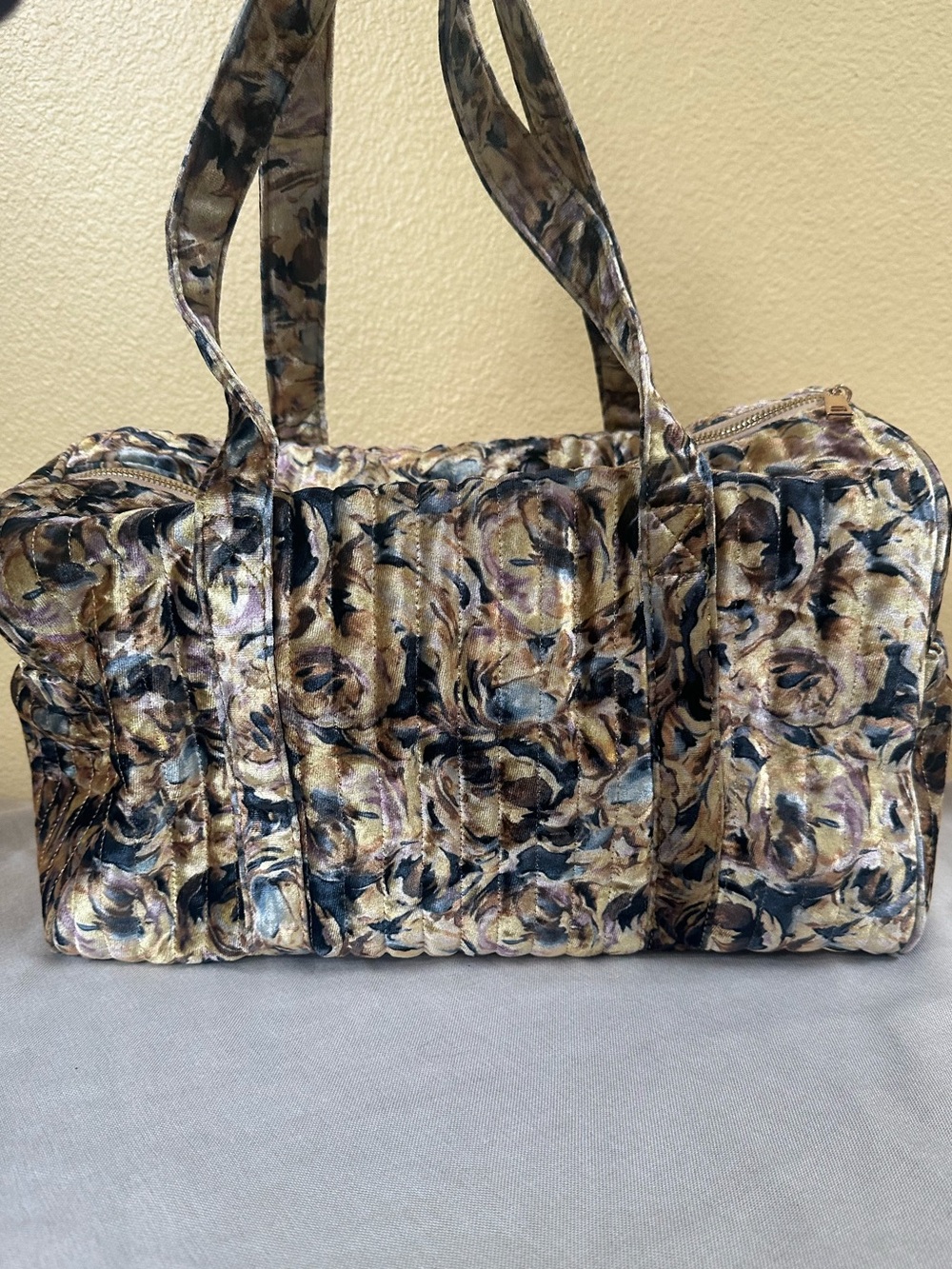 Anthropologie Gold Quilted Velvet Floral Weekender Overnight Travel Bag NWOT - Picture 9 of 12